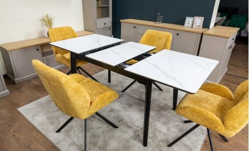 Set Masă Living Extensibilă KJT4711-1 Alb cu 4 Scaune Tapițate KJC4347 Galbene