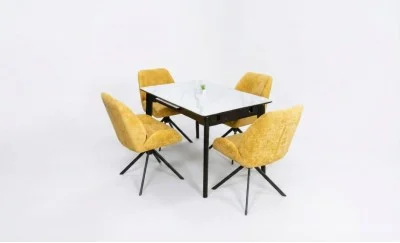 Set Masă Living Extensibilă KJT4711-1 Alb cu 4 Scaune Tapițate KJC4347 Galbene