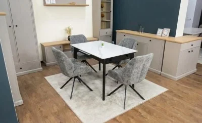 Set Masă Living Extensibilă KJT4711-1 Alb cu 4 Scaune Tapițate KJC4347 Gri