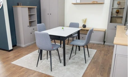 Set Masă Living Extensibilă KJT4711-1 Alb cu 4 Scaune KJC5341 Gri