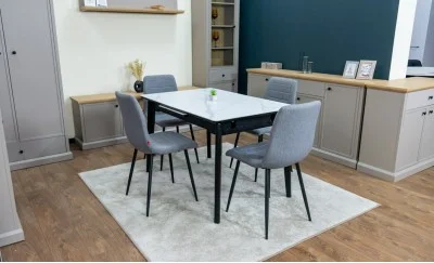 Set Masă Living Extensibilă KJT4711-1 Alb cu 4 Scaune KJC5341 Gri