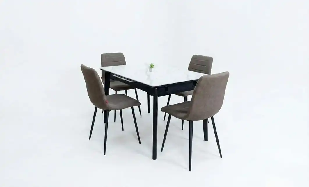 Set Masă Living Extensibilă KJT4711-1 Alb cu 4 Scaune KJC5341 Maro 2