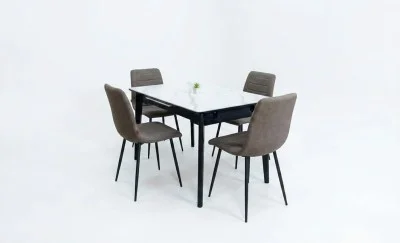 Set Masă Living Extensibilă KJT4711-1 Alb cu 4 Scaune KJC5341 Maro