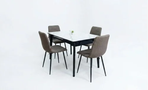 Set Masă Living Extensibilă KJT4711-1 Alb cu 4 Scaune KJC5341 Maro