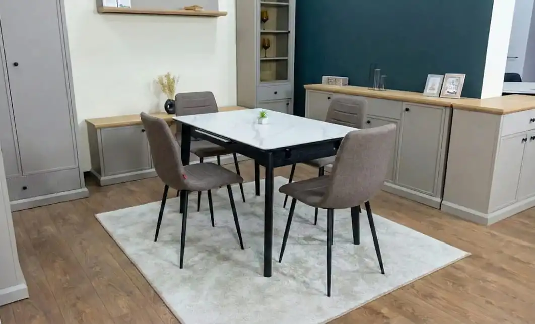 Set Masă Living Extensibilă KJT4711-1 Alb cu 4 Scaune KJC5341 Maro