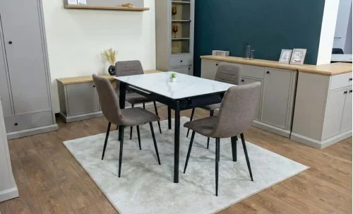 Set Masă Living Extensibilă KJT4711-1 Alb cu 4 Scaune KJC5341 Maro