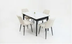 Set Masă Living Extensibilă KJT4711-1 Alb cu 4 Scaune KJC0357 Bej