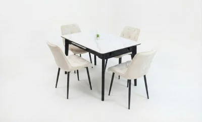 Set Masă Living Extensibilă KJT4711-1 Alb cu 4 Scaune KJC0357 Bej