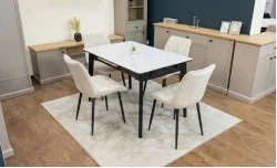 Set Masă Living Extensibilă KJT4711-1 Alb cu 4 Scaune KJC0357 Bej