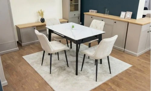 Set Masă Living Extensibilă KJT4711-1 Alb cu 4 Scaune KJC0357 Bej