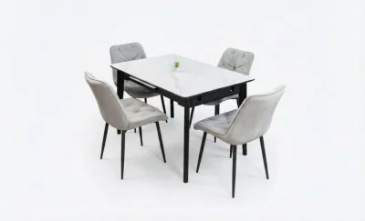 Set Masă Living Extensibilă KJT4711-1 Alb cu 4 Scaune KJC0357 Gri