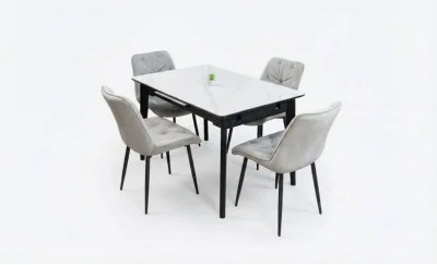 Set Masă Living Extensibilă KJT4711-1 Alb cu 4 Scaune KJC0357 Gri