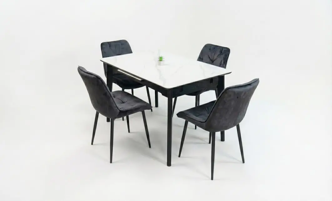 Set Masă Living Extensibilă KJT4711-1 Alb cu 4 Scaune KJC0357 Negre 2