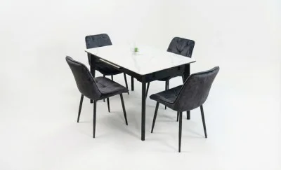 Set Masă Living Extensibilă KJT4711-1 Alb cu 4 Scaune KJC0357 Negre