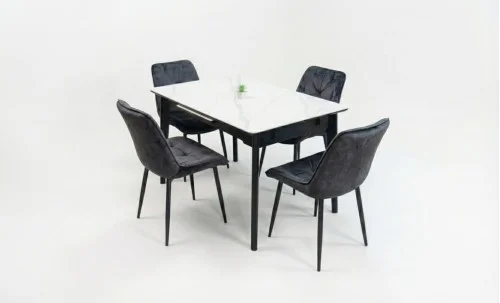 Set Masă Living Extensibilă KJT4711-1 Alb cu 4 Scaune KJC0357 Negre