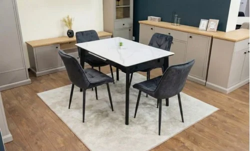 Set Masă Living Extensibilă KJT4711-1 Alb cu 4 Scaune KJC0357 Negre