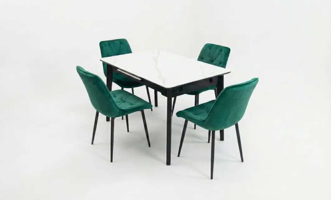 Set Masă Living Extensibilă KJT4711-1 Alb cu 4 Scaune KJC0357 Verzi 2