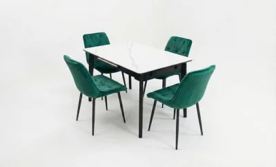 Set Masă Living Extensibilă KJT4711-1 Alb cu 4 Scaune KJC0357 Verzi