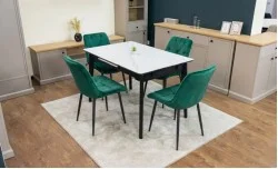 Set Masă Living Extensibilă KJT4711-1 Alb cu 4 Scaune KJC0357 Verzi