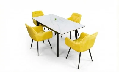 Set Masă Living Extensibilă KJT4711-1 Alb cu 4 Scaune Tapițate KJC38 Galbene