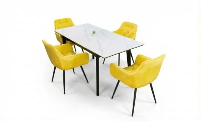 Set Masă Living Extensibilă KJT4711-1 Alb cu 4 Scaune Tapițate KJC38 Galbene