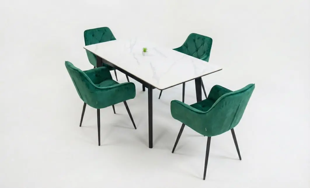 Set Masă Living Extensibilă KJT4711-1 Alb cu 4 Scaune Tapițate KJC38 Verde 2