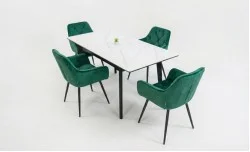 Set Masă Living Extensibilă KJT4711-1 Alb cu 4 Scaune Tapițate KJC38 Verde