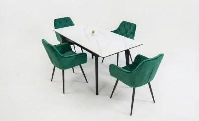 Set Masă Living Extensibilă KJT4711-1 Alb cu 4 Scaune Tapițate KJC38 Verde