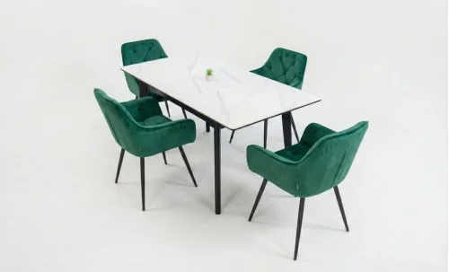 Set Masă Living Extensibilă KJT4711-1 Alb cu 4 Scaune Tapițate KJC38 Verde