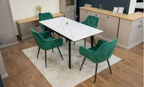 Set Masă Living Extensibilă KJT4711-1 Alb cu 4 Scaune Tapițate KJC38 Verde