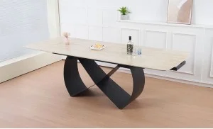 Set Masă Living Extensibilă Blat Ceramic KJT4714 cu 6 Scaune Living Rotative DCM0112 Bej