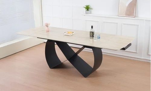 Set Masă Living Extensibilă Blat Ceramic KJT4714 cu 4 Scaune Living Rotative DCM0112 Bej