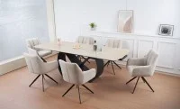 Set Masă Living Extensibilă Blat Ceramic KJT4714 cu 6 Scaune Living Rotative DCM0112 Bej