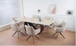 Set Masă Living Extensibilă Blat Ceramic KJT4714 cu 6 Scaune Living Rotative DCM0112 Bej