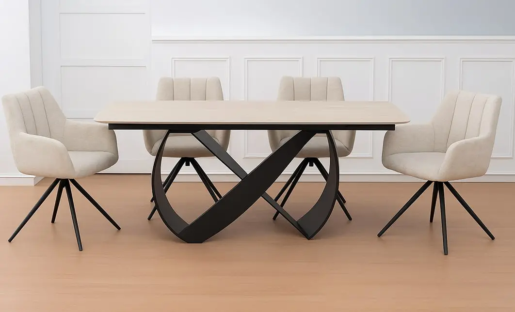 Set Masă Living Extensibilă Blat Ceramic KJT4714 cu 4 Scaune Living Rotative DCM0112 Bej