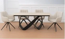 Set Masă Living Extensibilă Blat Ceramic KJT4714 cu 4 Scaune Living Rotative DCM0112 Bej