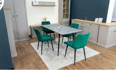 Set Masă Living Extensibilă KJT546 Gri cu 4 Scaune Tapițate KJC0357 Verzi