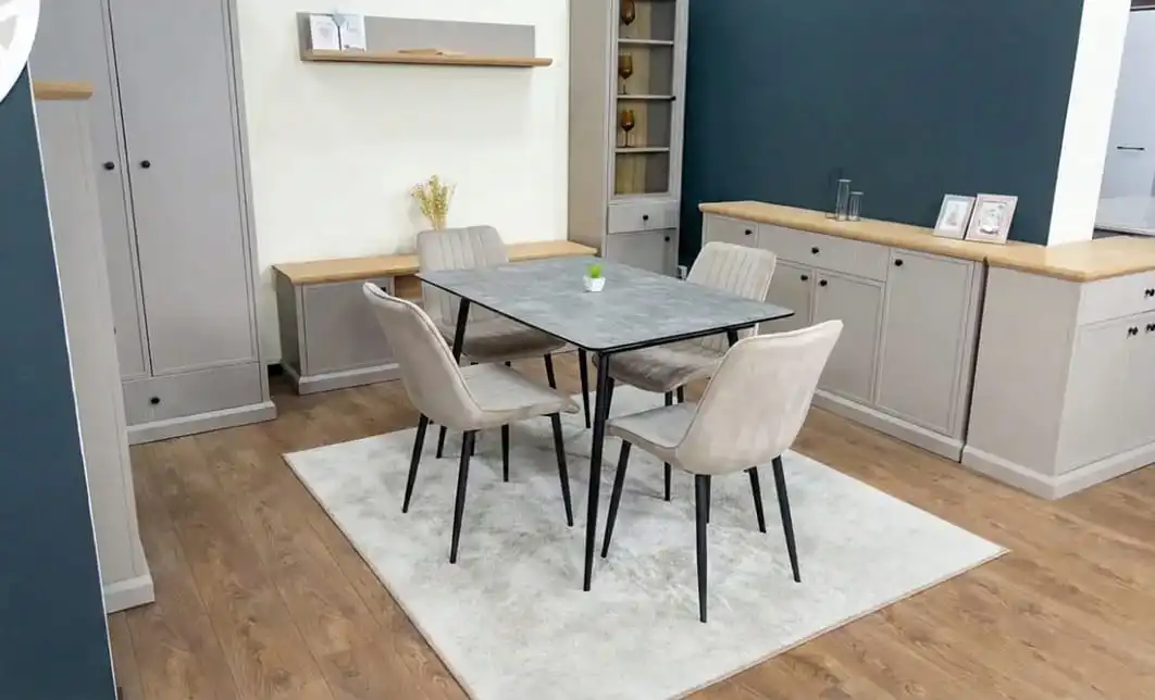 Set Masă Living Extensibilă KJT546 Gri cu 4 Scaune Tapițate KJC176 Bej