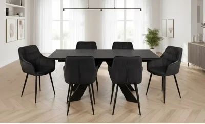Set Masă Living Extensibilă Blat Ceramic Salvadore Gri/Negru Mat cu 6 Scaune Living KJC4344 Gri Închis