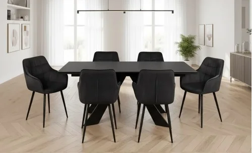 Set Masă Living Extensibilă Blat Ceramic Salvadore Gri/Negru Mat cu 6 Scaune Living KJC4344 Gri Închis