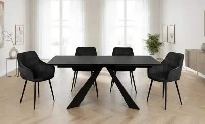 Set Masă Living Extensibilă Blat Ceramic Salvadore Gri/Negru Mat cu 4 Scaune Living KJC4344 Gri Închis