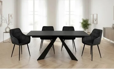 Set Masă Living Extensibilă Blat Ceramic Salvadore Gri/Negru Mat cu 4 Scaune Living KJC4344 Gri Închis