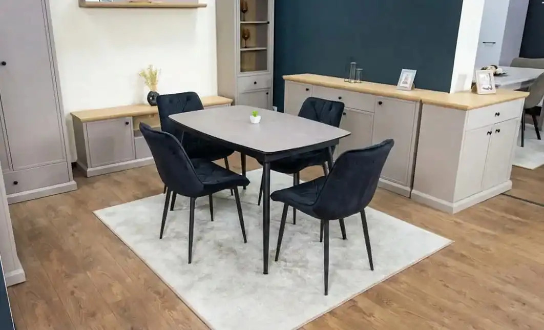 Set Masă Living Extensibilă Yense 125 Gri Lagun cu 4 Scaune Tapițate KJC0357 Negre