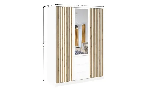 Dulap Bali Lux 3 Usi D3 Alb cu Riflaj si Oglinda