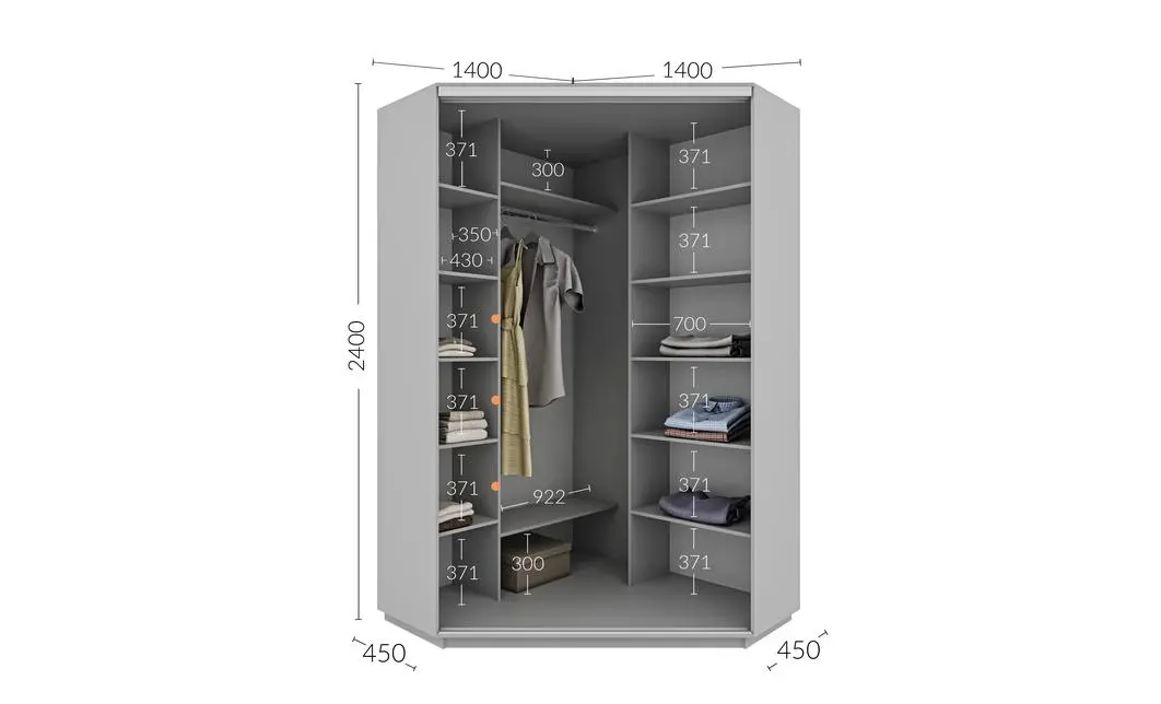 Dulap Personalizat de Colt Oglinda/Alb, 140 x 140 1