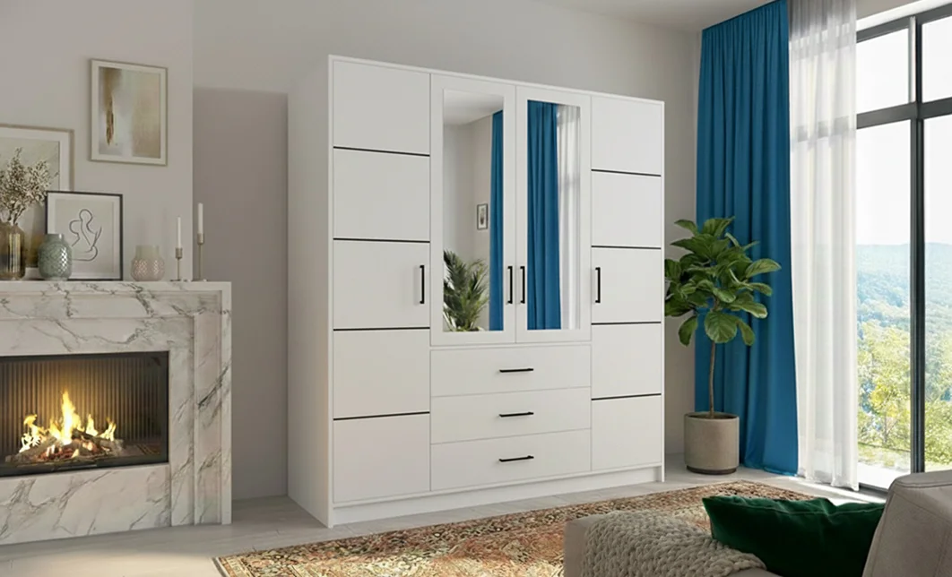 Dulap Bali 4 Usi D4 Alb cu Oglinda, 196