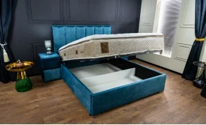 Pat Tapitat Klaus 1, albastru/somieră rabatabilă, 140x200