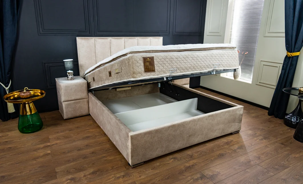 Pat Tapitat Klaus 1, bej deschis/somieră rabatabilă, 160x200 1