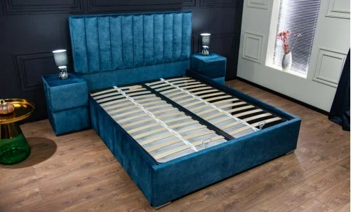 Pat Tapitat Klaus 2, albastru/somieră rabatabilă, 140x200