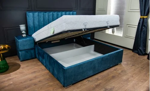 Pat Tapitat Klaus 2, albastru/somieră rabatabilă, 140x200